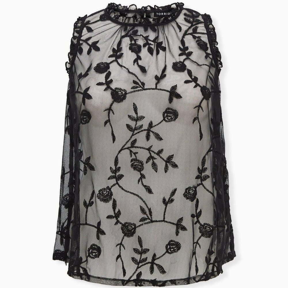 Torrid Black Sheer Mesh Embroidered Ruffle Sleeveless Top - SZ 00 / 10